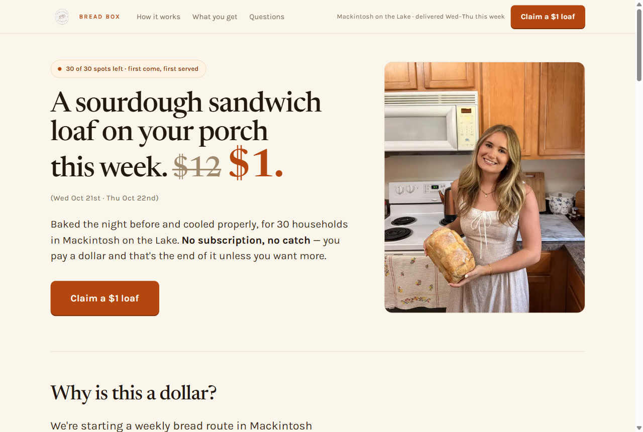 The burlingtonbreadbox.com home page with the Claim a $1 loaf order button.