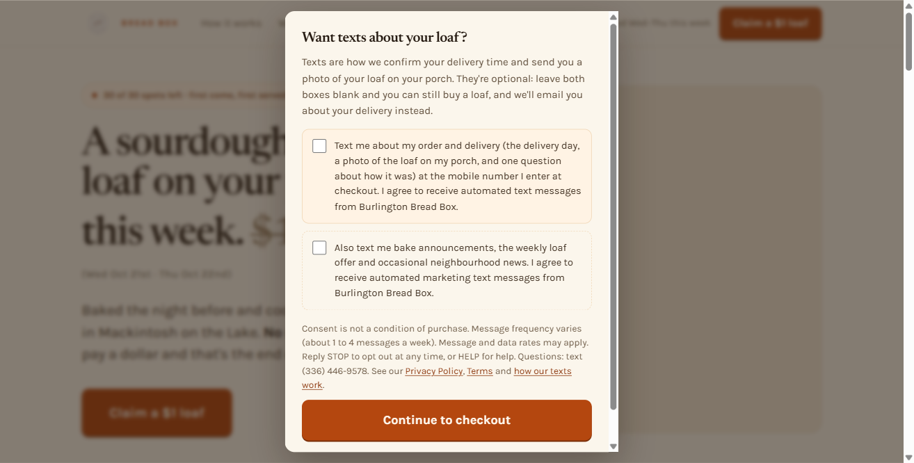 The text message consent step: two unticked optional checkboxes, the disclosure, links to the Privacy Policy and Terms, and a Continue to checkout button.