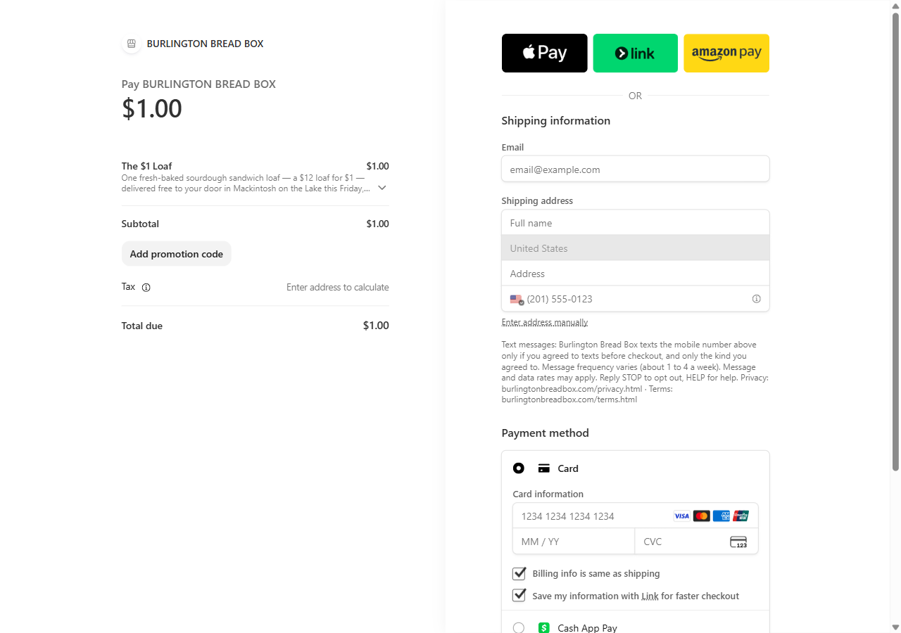 The Stripe checkout page with the phone number field and the text message disclosure beside the payment button.